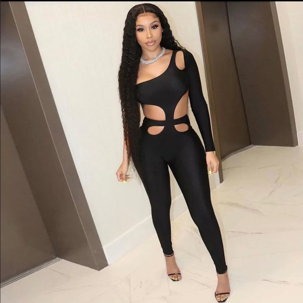 Black hollow halter jumpsuit